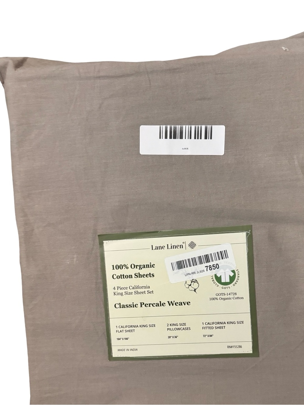 Lane Linen Organic Cotton Percale Gray 4 Piece Sheet Set California King